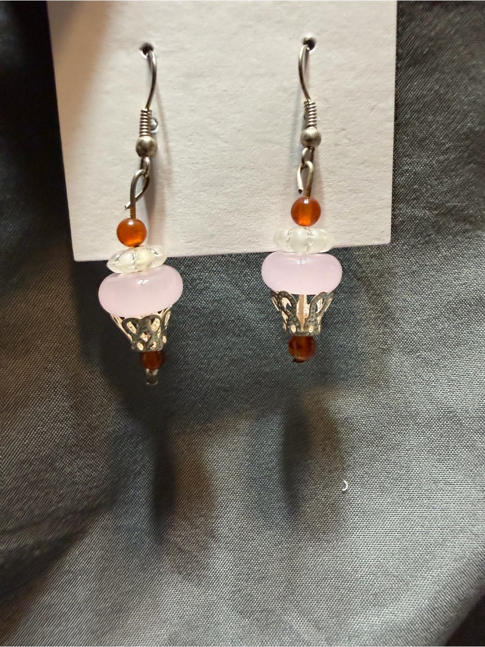 Rose Pink and Amber Glass Bead Drop Earrings
